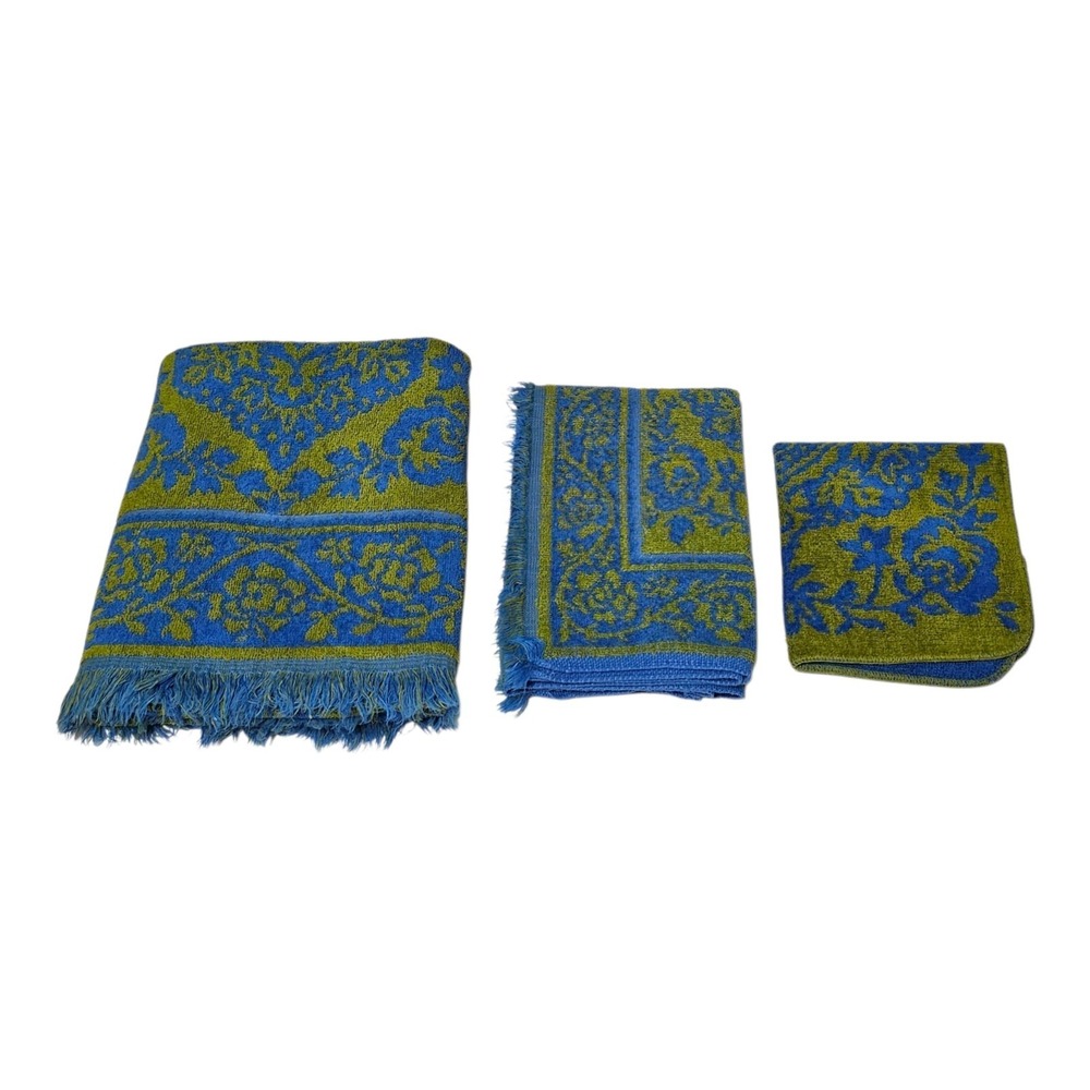 Vtg Style House Set of 3 Towels Bath Hand Washcloth Blue Green Montgomery Ward